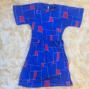 80s Blue and Pink Abstract Jersey elastic waist babydoll dress flowy sleeves